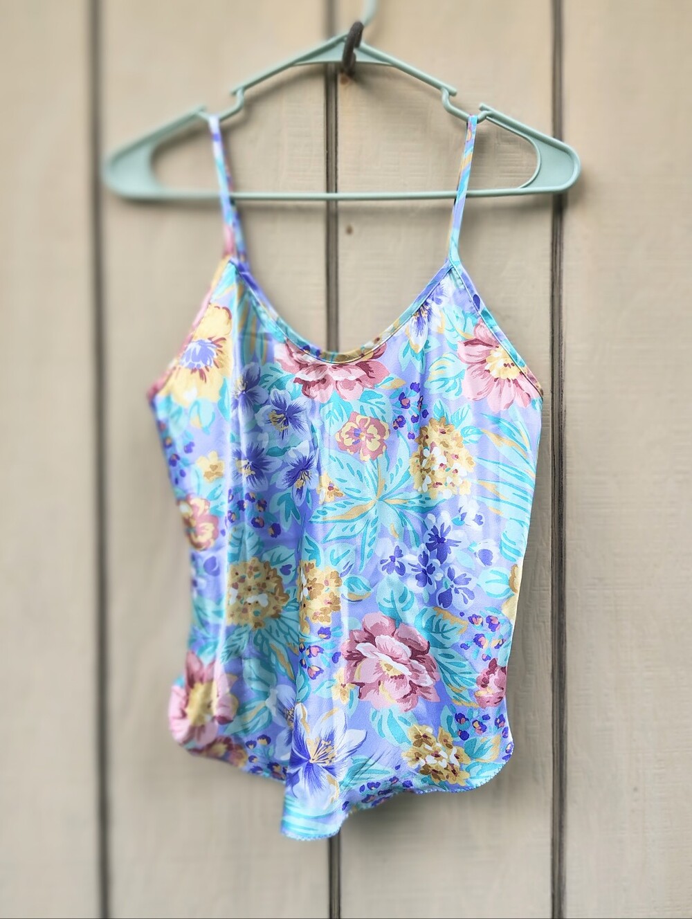 Vintage California Dynasty Floral Satin Cami Tank Top Small Coquette Pastel Blue